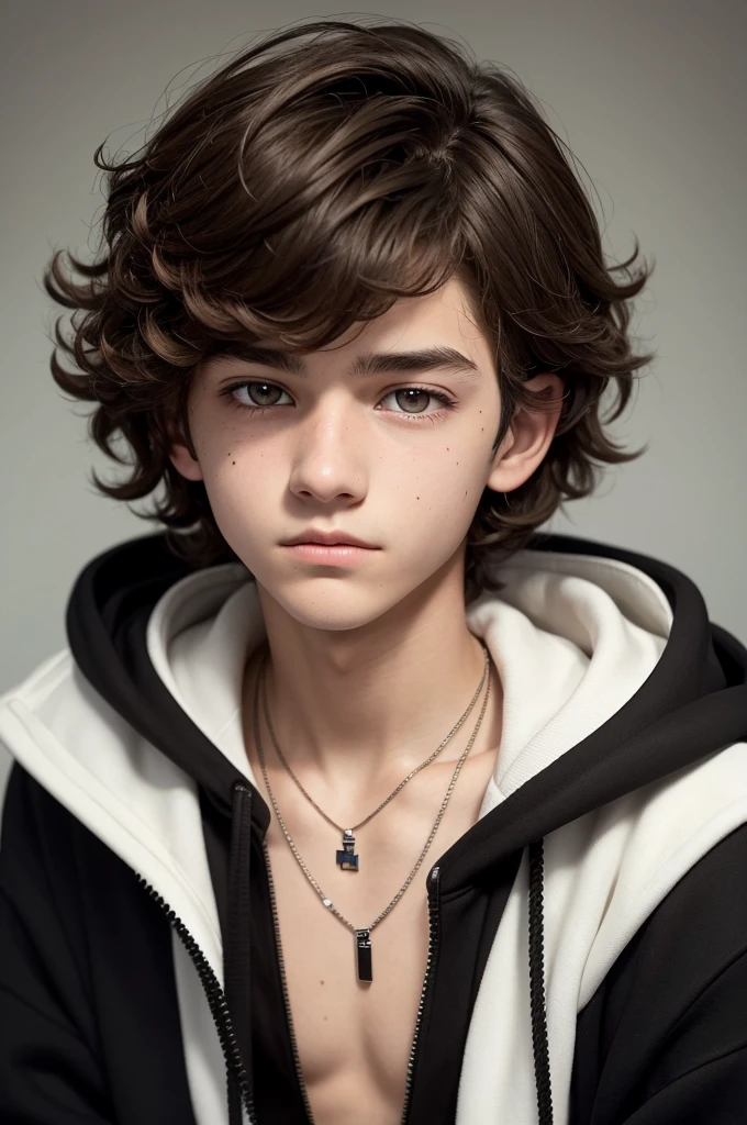 A 16 year old boy with brown hair, a little long and messily curled, with brown eyes in a somewhat sad shape. His skin is white and he has a mole on his face, below his right eye. He wears a necklace with a black ring in the middle and is wearing a black hoodie.
Estilo pixel art