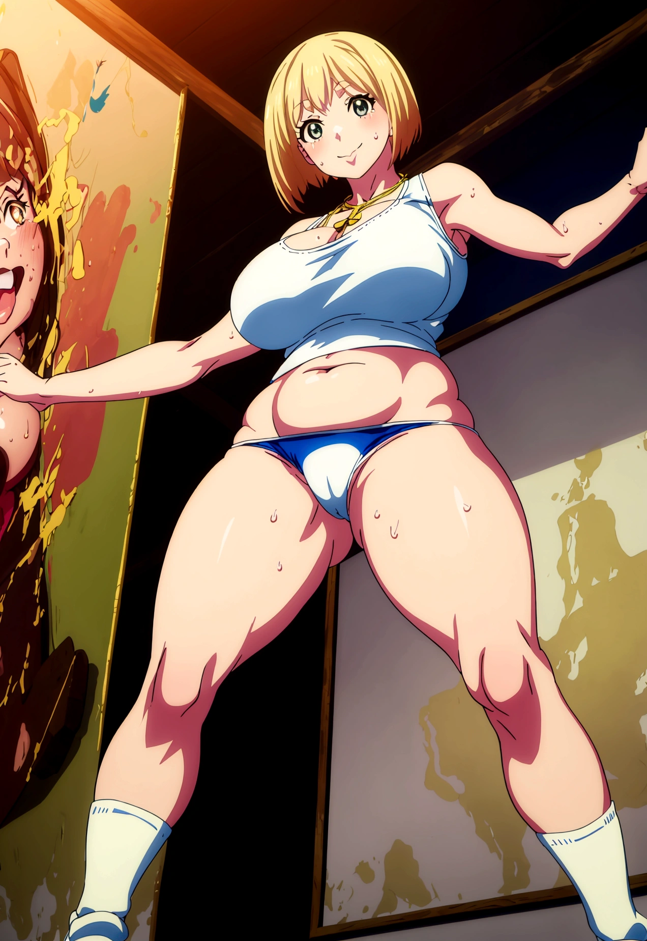 Full body shot of a tanned, curvaceous marathon runner, Wearing light sportswear, (Thigh-high socks) , Cross the finish line with your arms outstretched, Full of happiness, Looks very happy , Sweaty body, Big eyes , Big, bold lips, Athletics Stadium , Angle from below , Very voluptuous and curvaceous body , Ultra-realisticな肌, Highly detailed face, short hair , attractive long legs, Huge with deep cleavagle gold necklace ,(Low rise tight panties) , Perf , calves are thick, Sweaty body, Charming smile, Blushed , Realistic, 8K, Ultra-realistic,(anime Cel painting style).