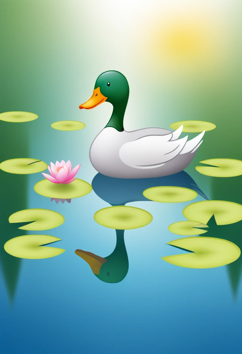 happy funny duck, swiming in lake, around water lily, sun shining,