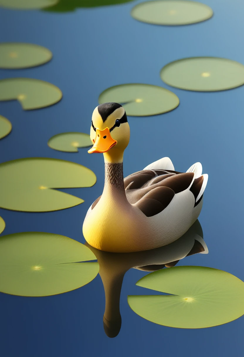 happy funny duck, swiming in lake, around water lily, sun shining,