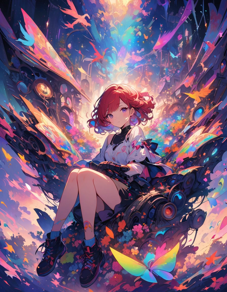 A colorful and dreamy anime-style illustration of a young girl with short red hair, sitting amidst a vibrant, mechanical landscape. She is wearing a casual outfit with mechanical leg armor, surrounded by a kaleidoscope of colors and glowing lights. The background is filled with whimsical details and a magical atmosphere. --ar 3:4 --style raw --stylize 600 --niji 6