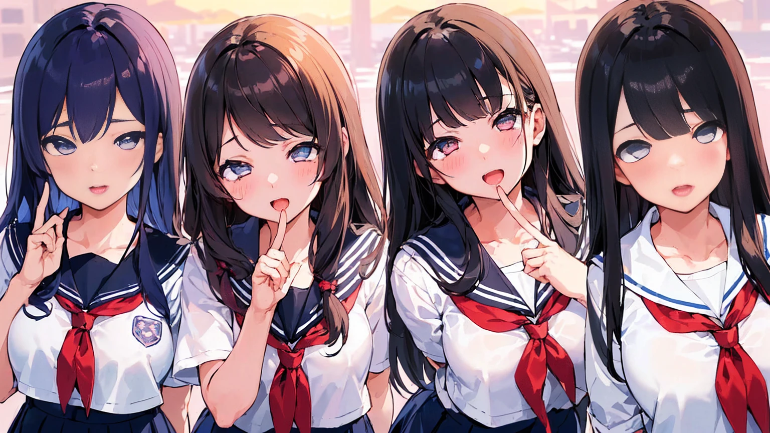 5 girls, Photo of beautiful Japanese idols in School, Againm \(Again:NULL\), [smile], blush, School、 masterpiece, highest quality, perfect lighting,  skirt, medium bAgainsts,，sailor suit、hair above one eye、hair accessorieidsummer、super fine illustration,(((beautiful fine hair))),(((beautiful fine face))),(((beautiful fine background))),