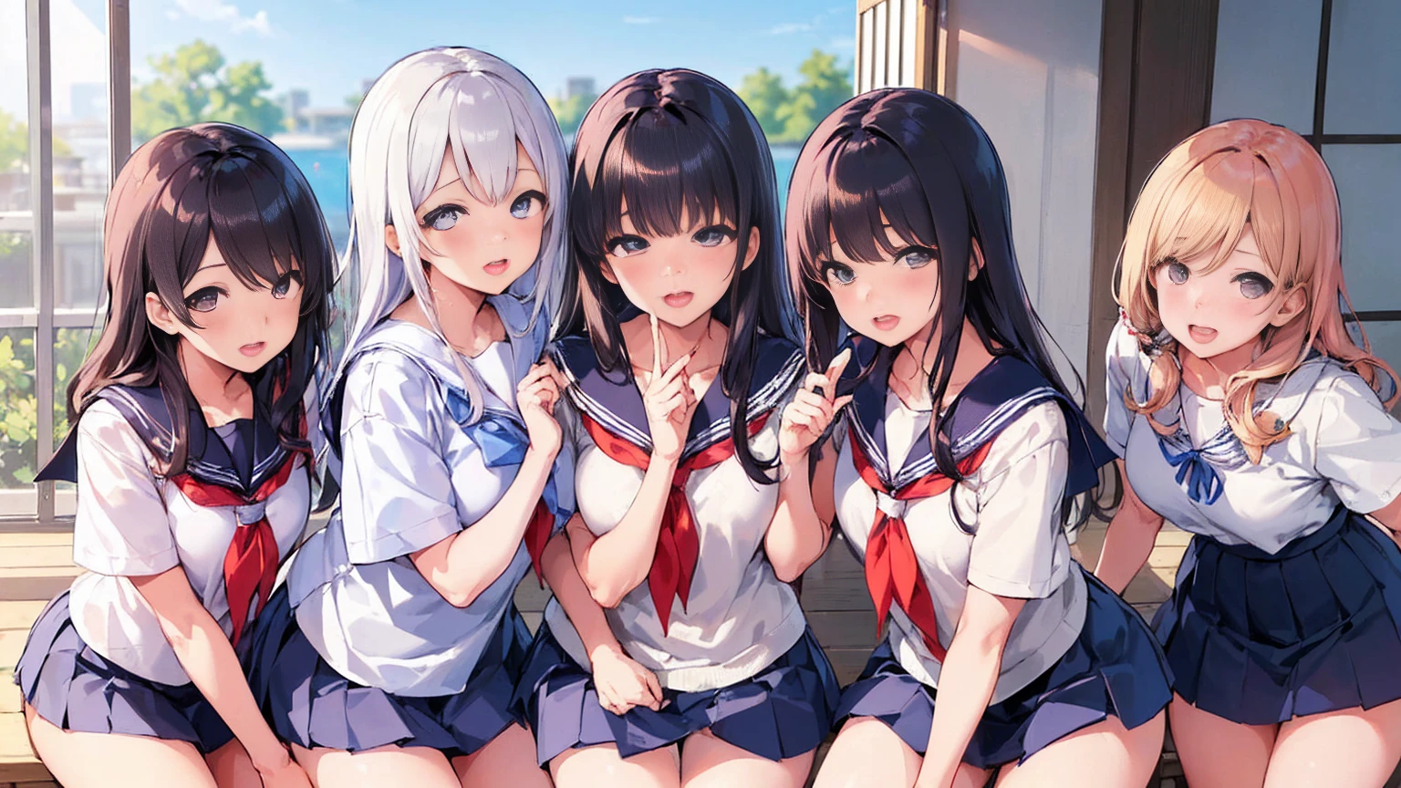 5 girls, Photo of beautiful Japanese idols in School, Againm \(Again:NULL\), [smile], blush, School、 masterpiece, highest quality, perfect lighting,  skirt, medium bAgainsts,，sailor suit、hair above one eye、hair accessorieidsummer、super fine illustration,(((beautiful fine hair))),(((beautiful fine face))),(((beautiful fine background))),