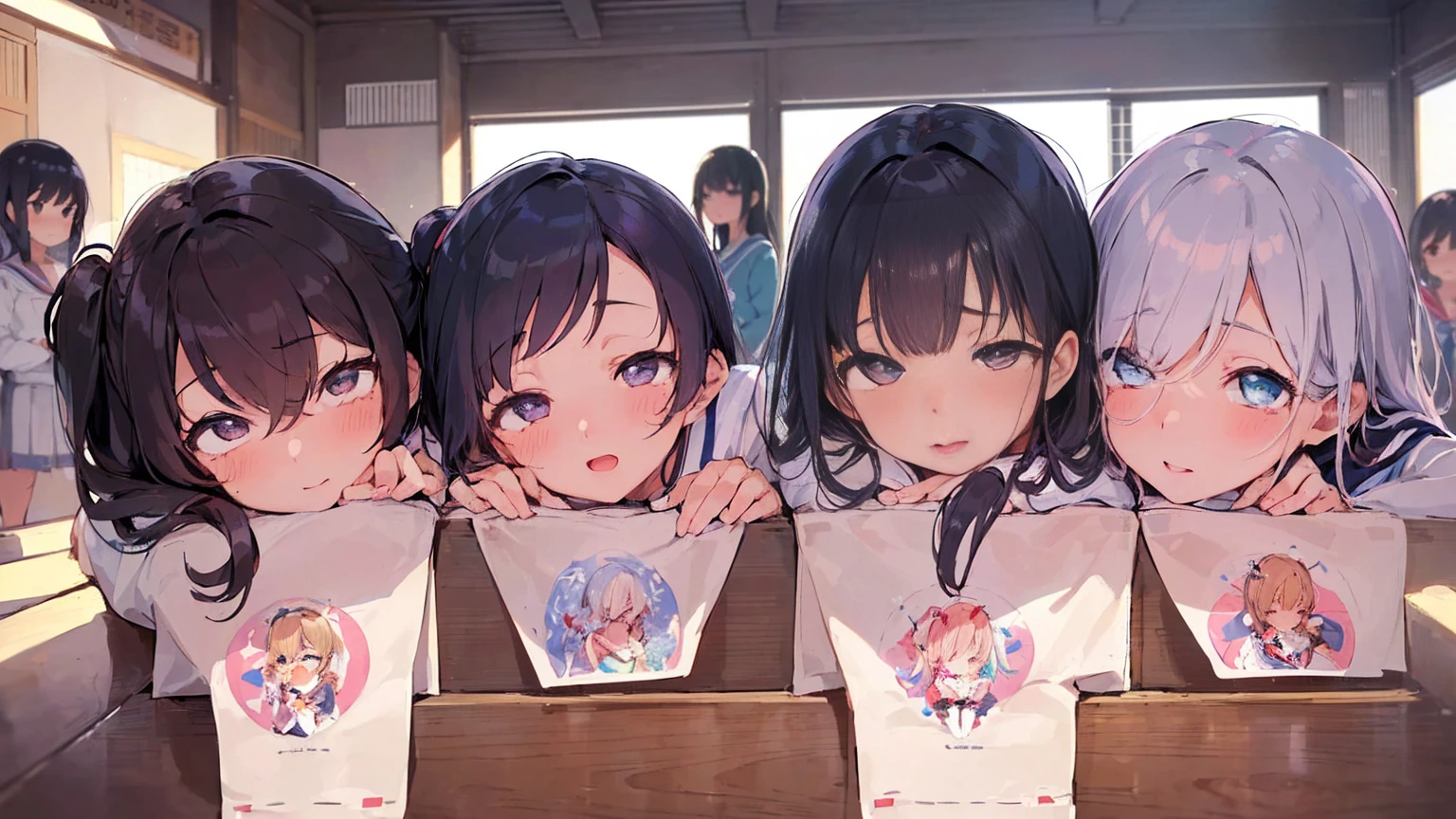 5 girls, Photo of beautiful Japanese idols in School, Againm \(Again:NULL\), [smile], blush, School、 masterpiece, highest quality, perfect lighting,  skirt, medium bAgainsts,，sailor suit、hair above one eye、hair accessorieidsummer、super fine illustration,(((beautiful fine hair))),(((beautiful fine face))),(((beautiful fine background))),