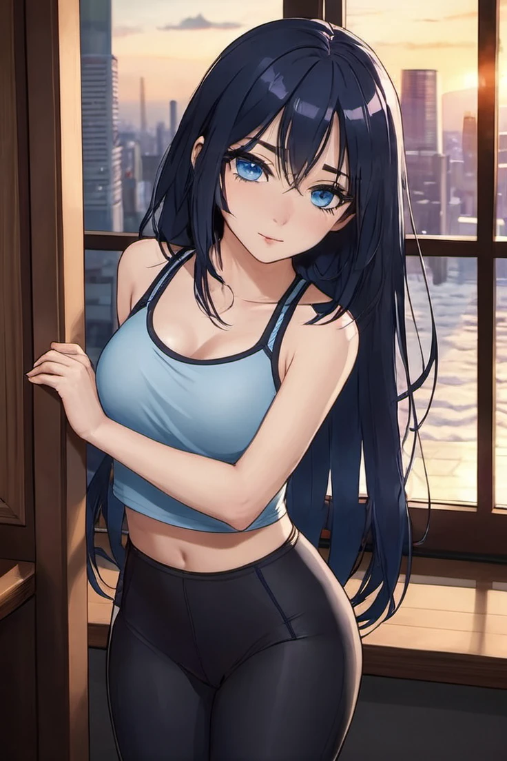 1 girl , dark blue long hair , sports bra , tight leggings , blue eyes