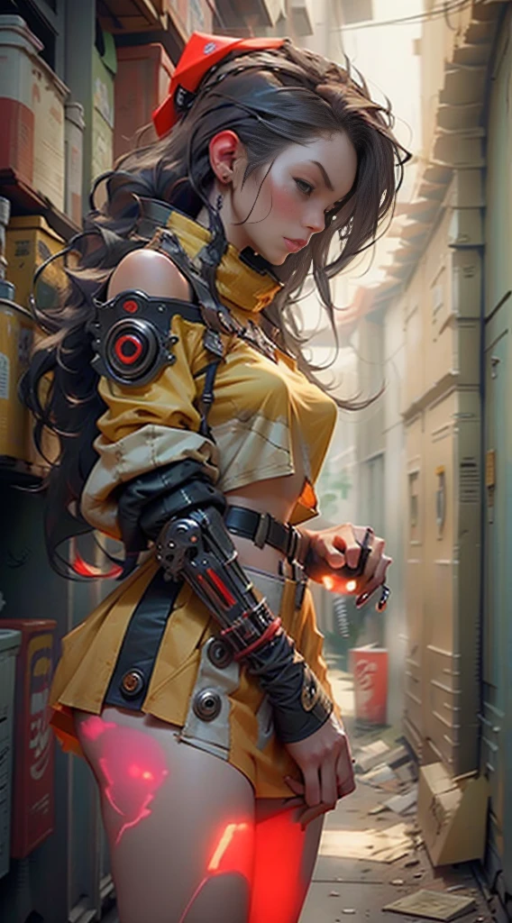 unreal engine:1.4,CG ultra realistic 64K, photorealistic:1.4, skin texture:1.4, Masterpiece:1.4,Beautiful woman with long hair hat、holding gun, and-47, assault rifle, kalashnikov rifle, trigger_discipline, low-readyYellow cyberpunk style short clothing, pantimedias red , mini skirt blue,