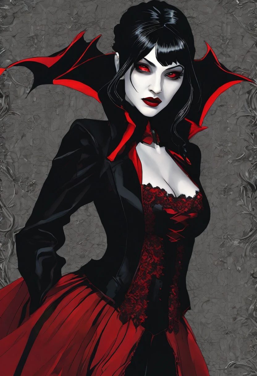 Vampire with dark black hair and her black and red outfit who is a woman