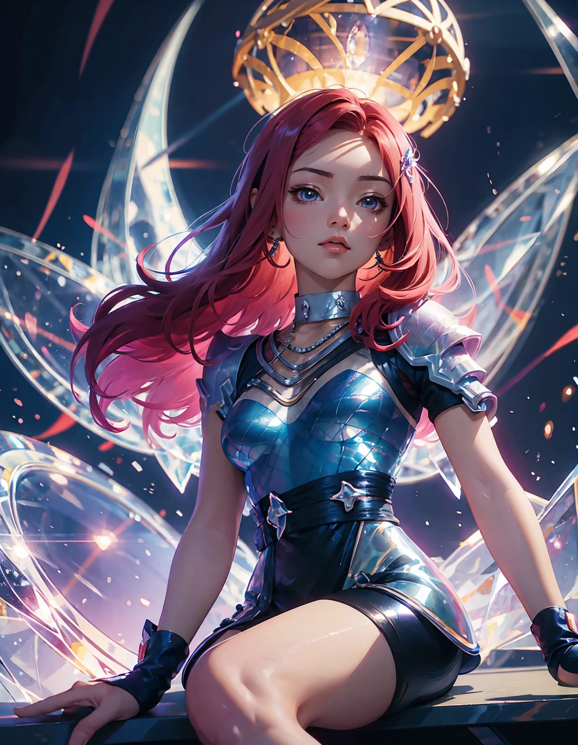 A colorful and dreamy anime-style illustration of a young girl with short red hair, sitting amidst a vibrant, mechanical landscape. She is wearing a casual outfit with mechanical leg armor, surrounded by a kaleidoscope of colors and glowing lights. The background is filled with whimsical details and a magical atmosphere. --ar 3:4 --style raw --stylize 600 --niji 6
