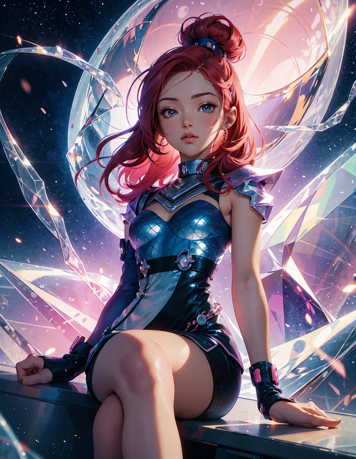 A colorful and dreamy anime-style illustration of a young girl with short red hair, sitting amidst a vibrant, mechanical landscape. She is wearing a casual outfit with mechanical leg armor, surrounded by a kaleidoscope of colors and glowing lights. The background is filled with whimsical details and a magical atmosphere. --ar 3:4 --style raw --stylize 600 --niji 6