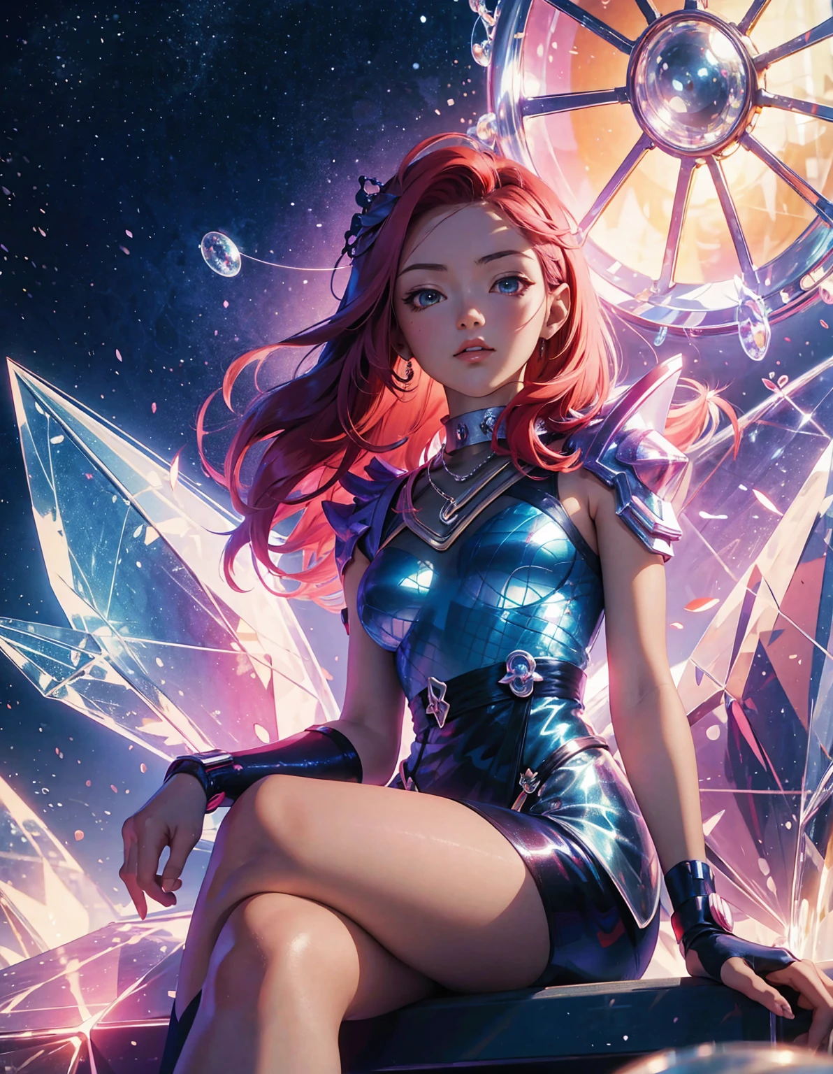 A colorful and dreamy anime-style illustration of a young girl with short red hair, sitting amidst a vibrant, mechanical landscape. She is wearing a casual outfit with mechanical leg armor, surrounded by a kaleidoscope of colors and glowing lights. The background is filled with whimsical details and a magical atmosphere. --ar 3:4 --style raw --stylize 600 --niji 6