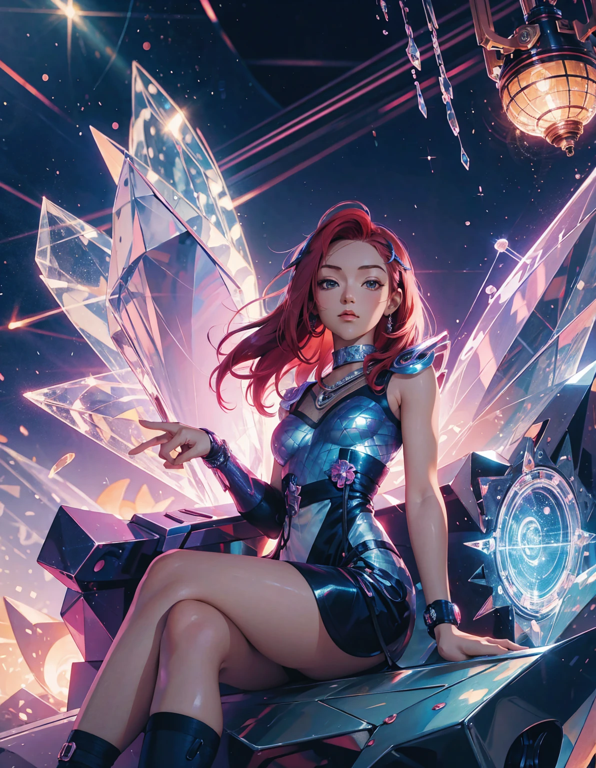 A colorful and dreamy anime-style illustration of a young girl with short red hair, sitting amidst a vibrant, mechanical landscape. She is wearing a casual outfit with mechanical leg armor, surrounded by a kaleidoscope of colors and glowing lights. The background is filled with whimsical details and a magical atmosphere. --ar 3:4 --style raw --stylize 600 --niji 6
