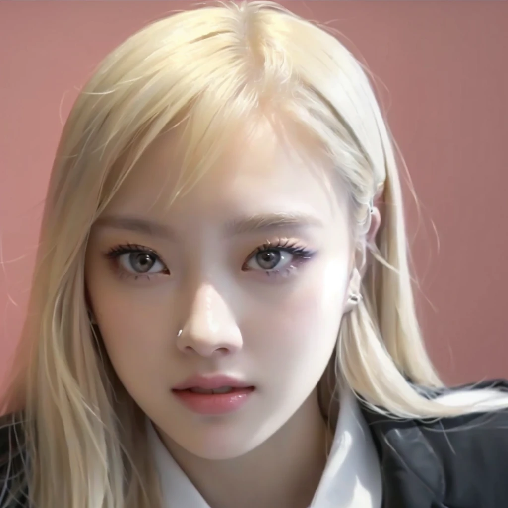 Blond hair girl in white shirt and black jacket looking at camera, pale round face, with round face, She has a pretty face, jossi de blackpink, her face looks like an orchid, she has a nice expressive face, with round cheeks, she has a distant expression, Park Roseanne de Blackpink, A hyperrealist , portrait of Rose de Blackpink