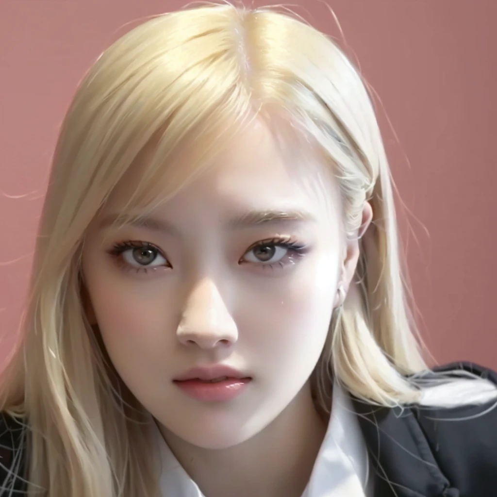 Blond hair girl in white shirt and black jacket looking at camera, pale round face, with round face, She has a pretty face, jossi de blackpink, her face looks like an orchid, she has a nice expressive face, with round cheeks, she has a distant expression, Park Roseanne de Blackpink, A hyperrealist , portrait of Rose de Blackpink