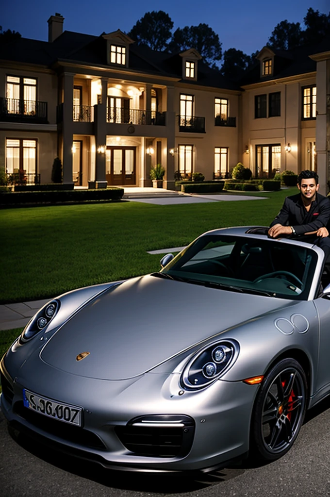 2 men sitting in Porsche outside a mansion party
