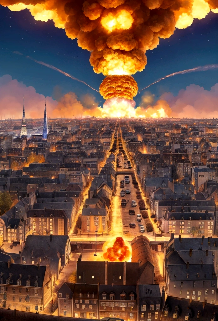 une ville détruite à cause d'une explosion vu de loin 
