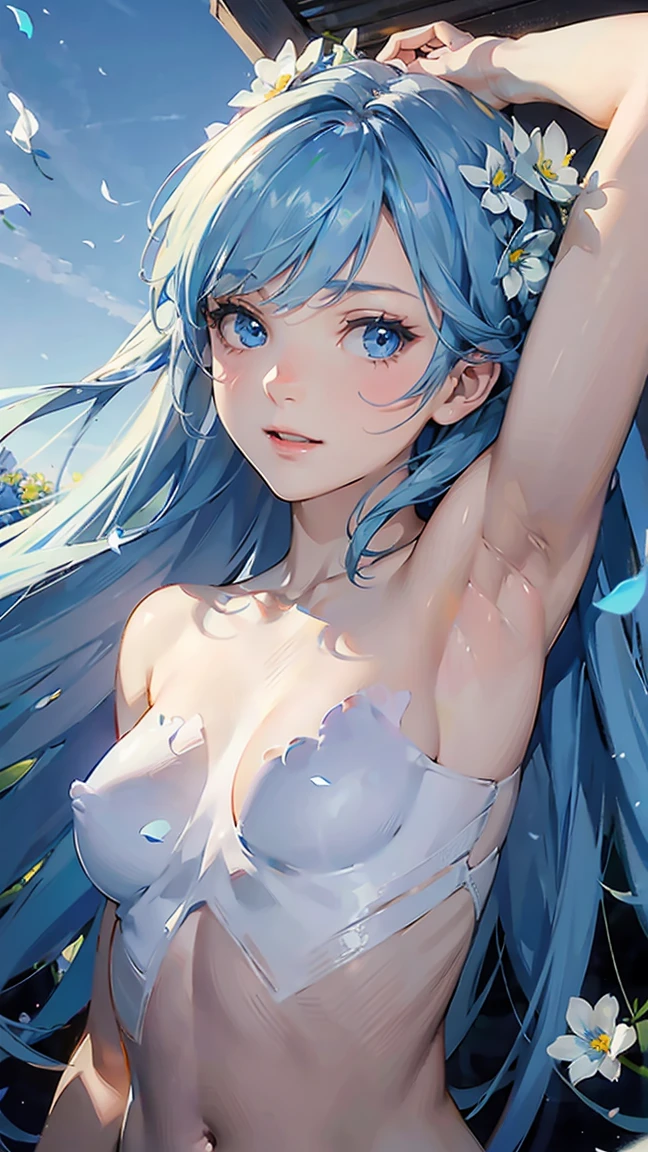 upper body of goddess of azure flowers, blue eyes, long light blue hair, (naked), front view, blue petals flying in he wind, sunshine