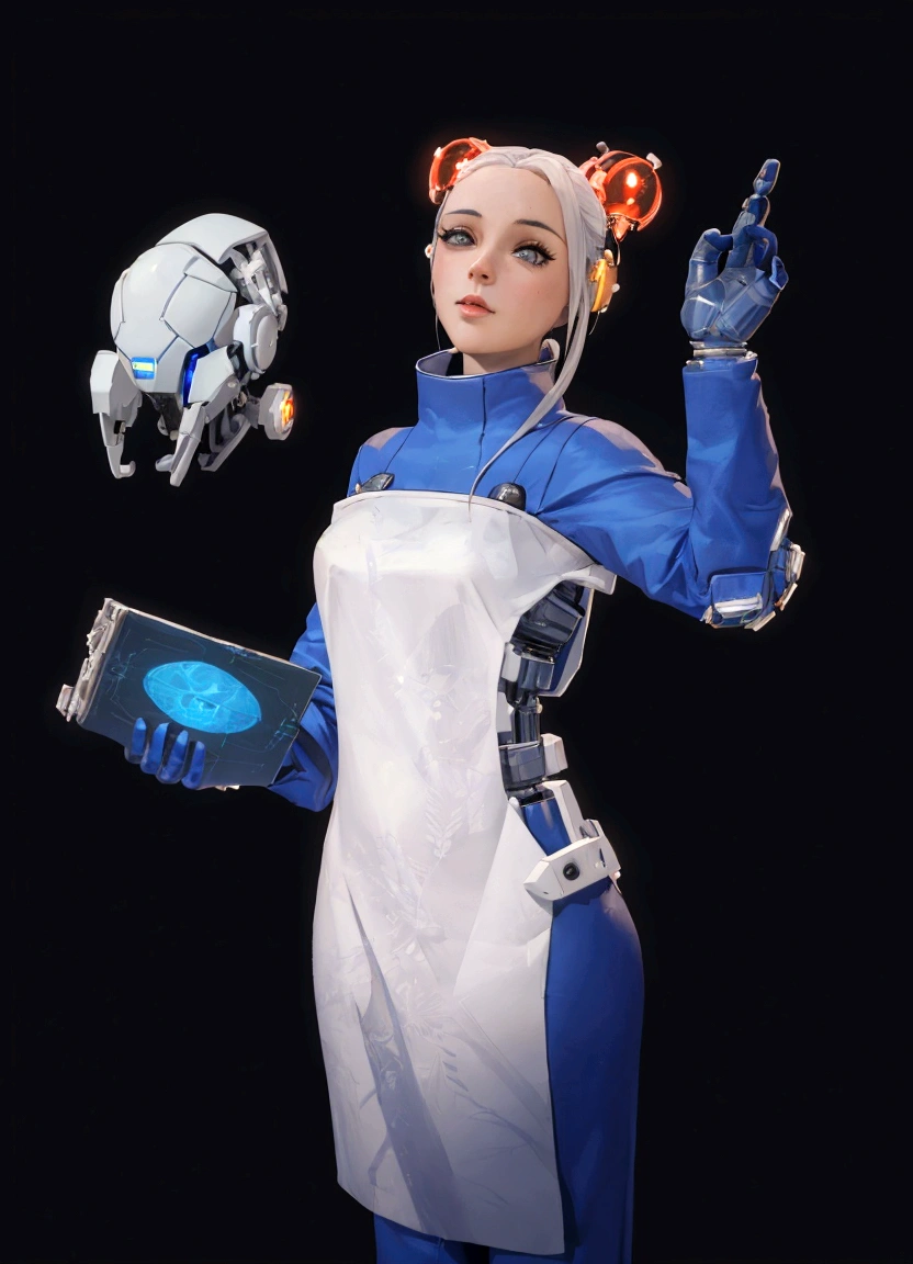 Arafed woman in a white and blue dress holding a book and a toy., science fiction character, female cyborg trader, science fiction female character, cyborg merchant girl, science fiction character, science fiction woman, 3D 8k rendering character art, 3D character concept, 3d character art, retrato de una science fiction woman, retrofuturistic female android