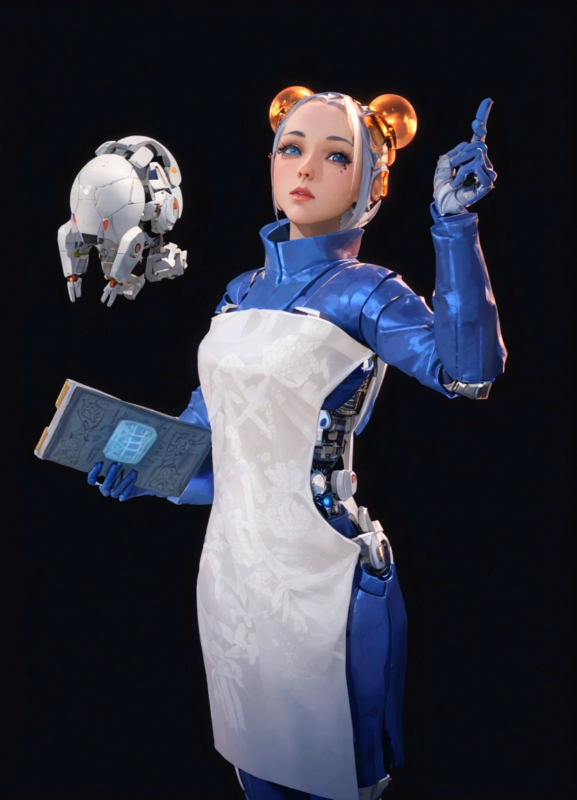 Arafed woman in a white and blue dress holding a book and a toy., science fiction character, female cyborg trader, science fiction female character, cyborg merchant girl, science fiction character, science fiction woman, 3D 8k rendering character art, 3D character concept, 3d character art, retrato de una science fiction woman, retrofuturistic female android