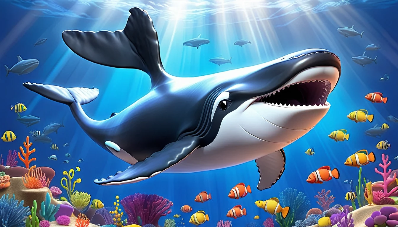 Create a 3-D Pixar style art scene for kids featuring a humpback whale singing with musical notes coming out of its blowhole. The scene should be colorful and vibrant, with an ocean background, coral reefs, and schools of fish. The text 'Whale songs can travel for miles!' should be prominently displayed. The overall mood should be lively and inviting for young children