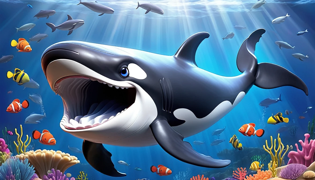 Create a 3-D Pixar style art scene for kids featuring a humpback whale singing with musical notes coming out of its blowhole. The scene should be colorful and vibrant, with an ocean background, coral reefs, and schools of fish. The text 'Whale songs can travel for miles!' should be prominently displayed. The overall mood should be lively and inviting for young children