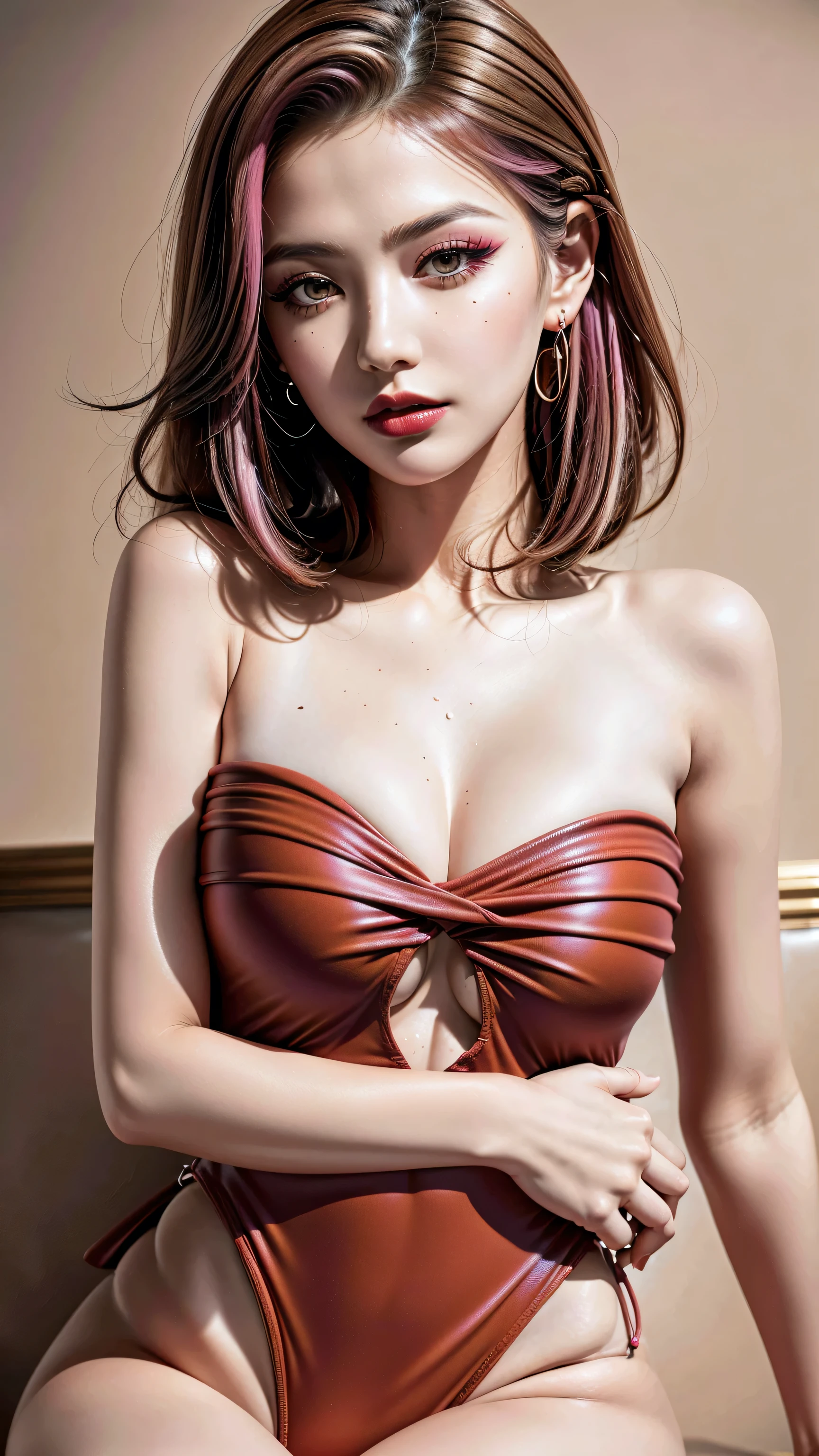 Divide Ratio : 1,1,1 Base Ratio: photorealistic Realism 32K highest resolution Quality, fashion supermodel, (Glamour, paparazzi taking pictures of her), (highly detailed 32k absurd high resolution Quality), ((girl 25-year-old)) ),(best high quality real texture skin:1.3),(best quality texture hair:1.4), ((spread your legs:1.3))、BREAK,((pink hair (slicked to the side), extremely detailed:1.35)),(best high quality:1.4),(photo realistic:1. 5),(Hyperrealism:1.5),((sharp focus)),(highest resolution),((soft neon lighting on the face and body)),(perfect proportions),(anatomically correct),((perfect female body:1.3)),((firm normal full breasts:1.35)),beautiful cheekbones,((skinny body:1.23)), ((slim, muscled body:1.3)),absurd(ultra detailed eyes), finely detailed face,finely quality eyes,(tired and sleepy and satisfied:0.0),(with a digital rendering),realistic eyes,perfect round eyes,finely detailed pupils,((brown_eyes:1.3)),BREAK,detailed lips:1.3,dark_makeup:1.22, (red_lipstick:1.25),perfect dark_eyeshadows:1.35, (super detailed makeup on eyes:1.3), iridescent eyes, with professional makeup, vibrant eyes:1.2, (Detailed nose:1.2),BREAK,((Red Mini strapless one-piece swimsuit:1.22), ultra detailed:1.43), BREAK,makeup:1.22, exquisite balance of shadows,perfect composition,((look at the viewer)), Hasselblad, 50mm f/2.2