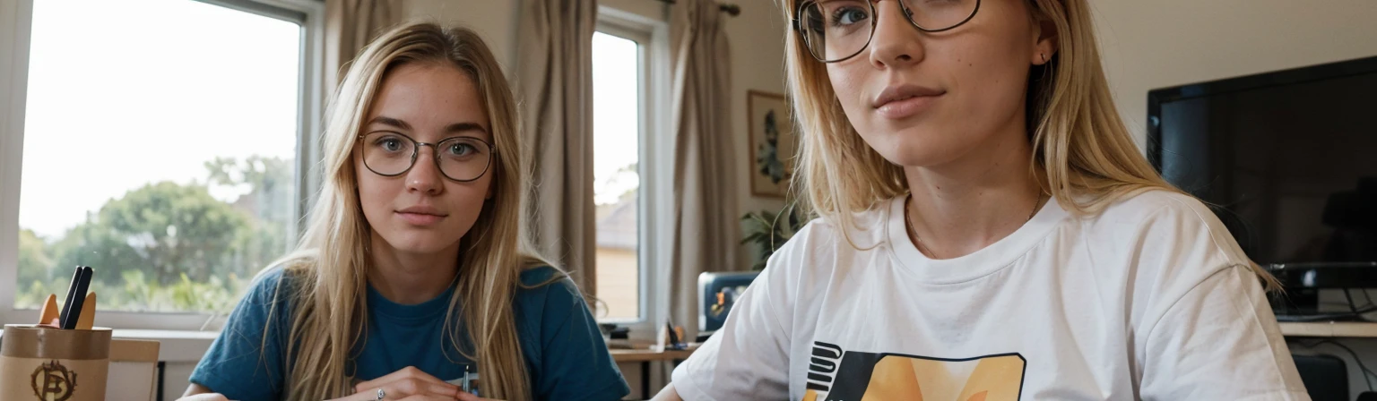 Best quality, instagram influencer, blonde female 20yo, at her house, sunset, looking in the camera, big tits, looking like a nerd, nerd, home nerd, sitting at her desk, nerd, geek, innocent look, wearing bitcoin tshirt