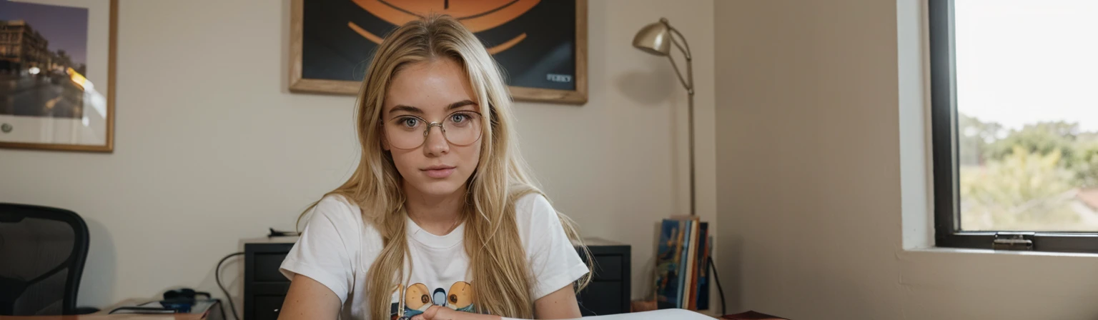 Best quality, instagram influencer, blonde female 20yo, at her house, sunset, looking in the camera, big tits, looking like a nerd, nerd, home nerd, sitting at her desk, nerd, geek, innocent look, wearing bitcoin tshirt

