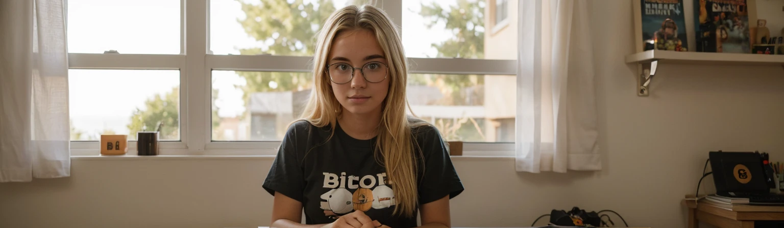 Best quality, instagram influencer, blonde female 20yo, at her house, sunset, looking in the camera, big tits, looking like a nerd, nerd, home nerd, sitting at her desk, nerd, geek, innocent look, wearing bitcoin tshirt