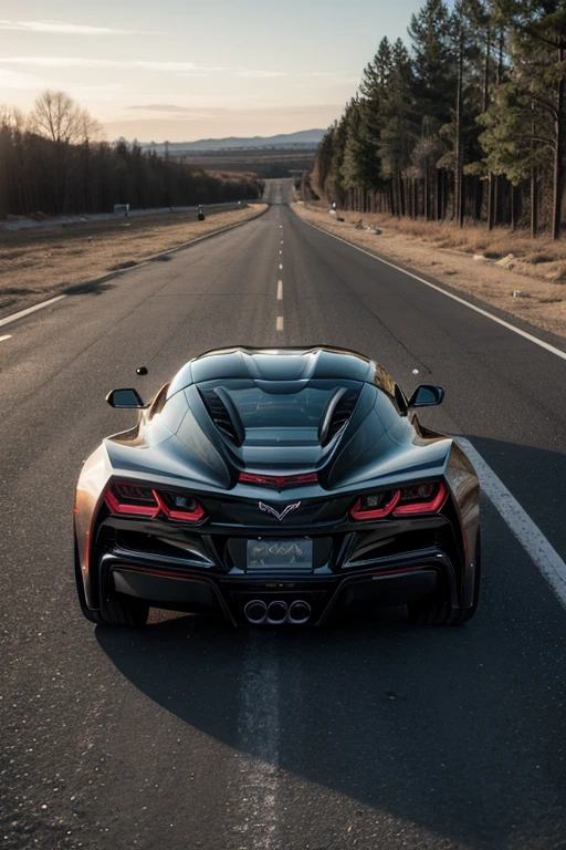 man driving, black corvette car, estra Br, wasteland 