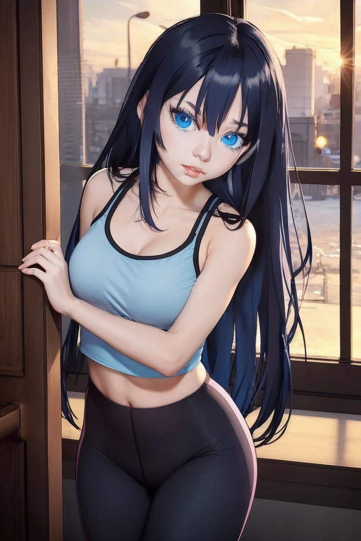 1 girl , dark blue long hair , sports bra , tight leggings , blue eyes , realistic babe