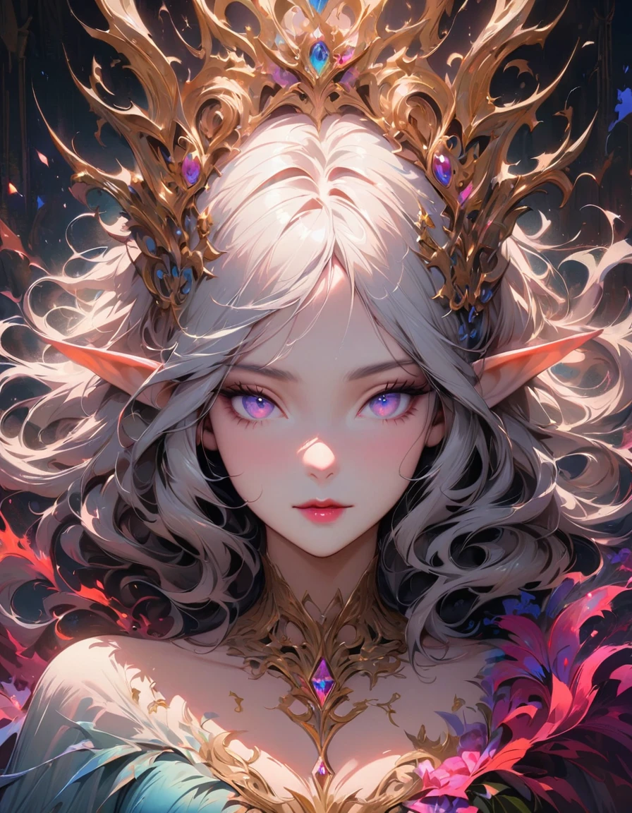 (Best quality,4K,A high resolution,masterpiece:1.2),ultra detailed,realistic,portrait,Beautiful girl,elf form,mesmerizing eyes,long silver hair,fine features,elegant pose,flowy dress,unearthly beauty,aura of nature,thin ears,mysterious atmosphere,soft lighting,bright colors