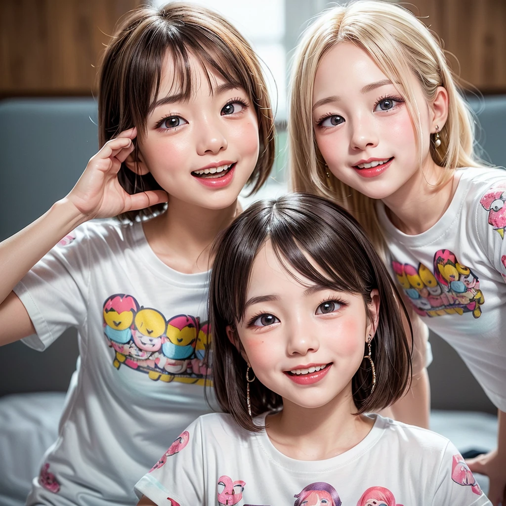 White and Bright Red, (Masterpiece 8K TopQuality:1.2) (ProfessionalPhoto:1.37) ExtremelyDetailed ((((KAWAII girl Printed on a T-shirt:1.4))) BREAK (((NOGIZAKA FaceVariations))), Extremely Detailed very KAWAII FaceVariations, Childish CaptivatingGaze Stunning ParfectEyes ElaboratePupils with (SparklingHighlights:1.28), DoubleEyelids with (Detailed Voluminous LongEyelashes:0.88), Small GlossyRedLips with BeautifulDetails, CoquettishTongue, PUNIPUNI RosyCheeks, Radiant PearlSkin with Transparency, Glowing DowneyHair . { (Dynamic Joyful expressions LifeLike Rendering:1.4) | (:d) }, (large eyes:-1) .