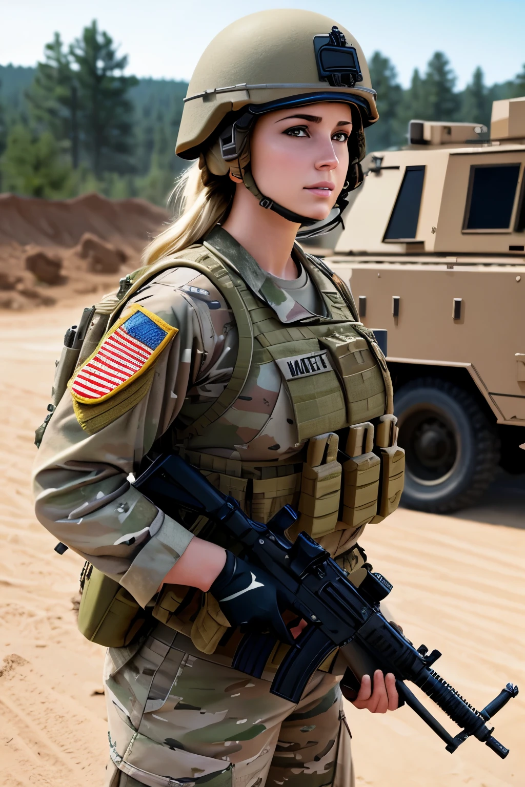 hot white female american soldier hyperrealistic 4k 16:9 image