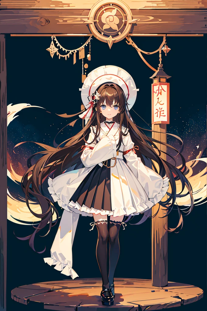 1girl,  alone, Outdoor, Long Hair, holy place, original,(figure:1.1),(Highest quality),(Tabletop:1.1),(Highly detailed CG Unity 8k wallpaper:1.1), (colorful:0.9),(Mid Shot:0.95),(Highly detailed Beautiful Face),(alone:1.2), (girl),(((upon))), (Beautiful eyes in every detail:1.15), (Beautiful Face:1.15), (Sparkling blue eyes:1.25////),(((Brown Long Hair))),(Both sides up),(+Perfect hands+:1.21),(Draw illustration of Japan priestess costume),(thin),(White pleated skirt),(Gothic),((Black knee socks)),(Frills),(Beautiful Slender Lolita Girl),Are standing, girl,10 years old,  girl,((Night Parade background)),