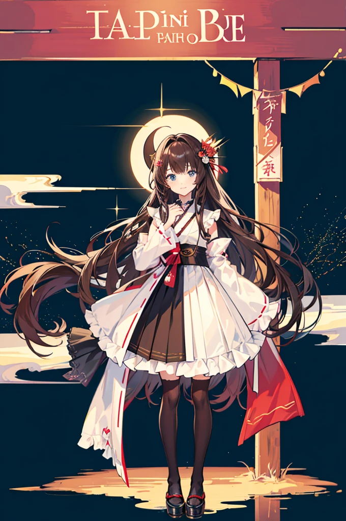 1girl, alone, Outdoor, Long Hair, holy place, original,(figure:1.1),(Highest quality),(Tabletop:1.1),(Highly detailed CG Unity 8k wallpaper:1.1), (colorful:0.9),(Mid Shot:0.95),(Highly detailed Beautiful Face),(alone:1.2), (girl),(((upon))), (Beautiful eyes in every detail:1.15), (Beautiful Face:1.15), (Sparkling blue eyes:1.25////),(((Brown Long Hair))),(Both sides up),(+Perfect hands+:1.21),(Draw illustration of Japan priestess costume),(thin),(White pleated skirt),(Gothic),((Black knee socks)),(Frills),(Beautiful Slender ta Girl),Are standing, girl,10 yirl,((Night Parade background)),