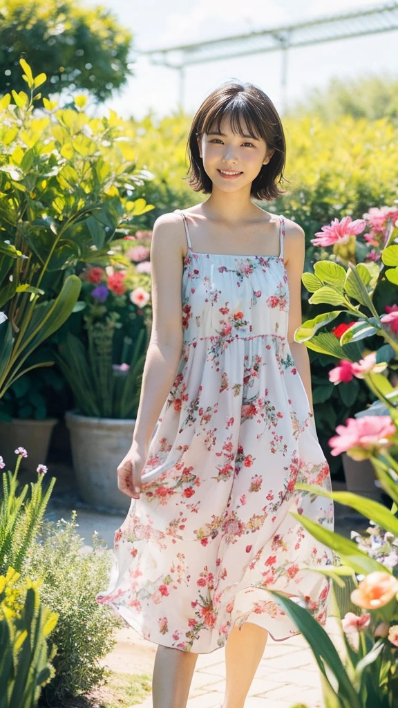 masterpiece, highest quality, disorganized, perfect anatomy, 1 girl, alone, pascal tales, short hair, beautiful, Hilarious, sunny day, botanical garden, Summer winds, sundress, Floral, wavy hair, smile