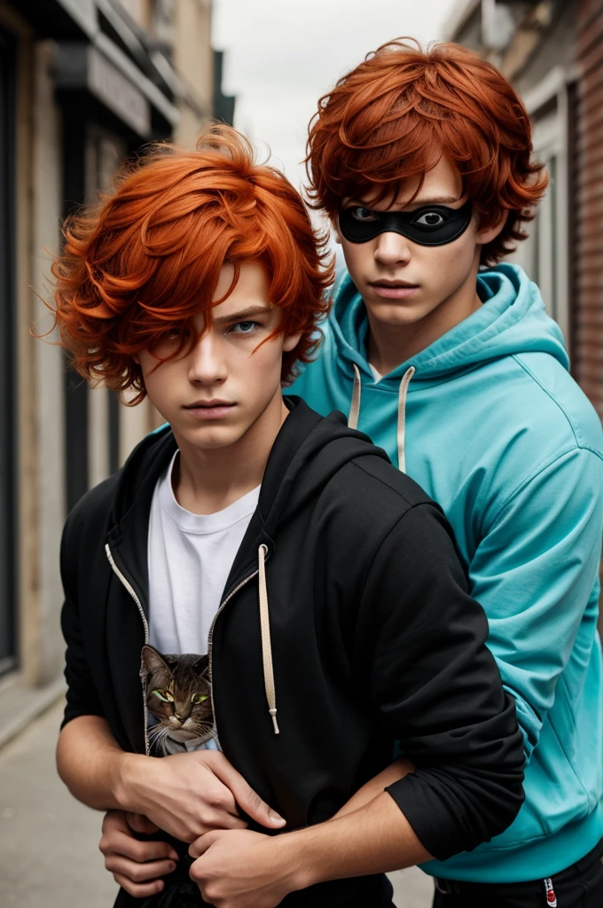 A boy with a medium length bright orange red hair with the fringe slightly over to his right, and three hair ties on the left part of his hair. He wears a black eyepatch over his right eye, the left of which is a red hue in color, holding hand with a boy with a brown hair that has curls on the sides to look like flattened cat's ears and teal eyes. He wears a similarly colored zipper hoodie, black pants, red converse shoes, and a black belt that seems to act like a cat's tail. (Romantic situation)