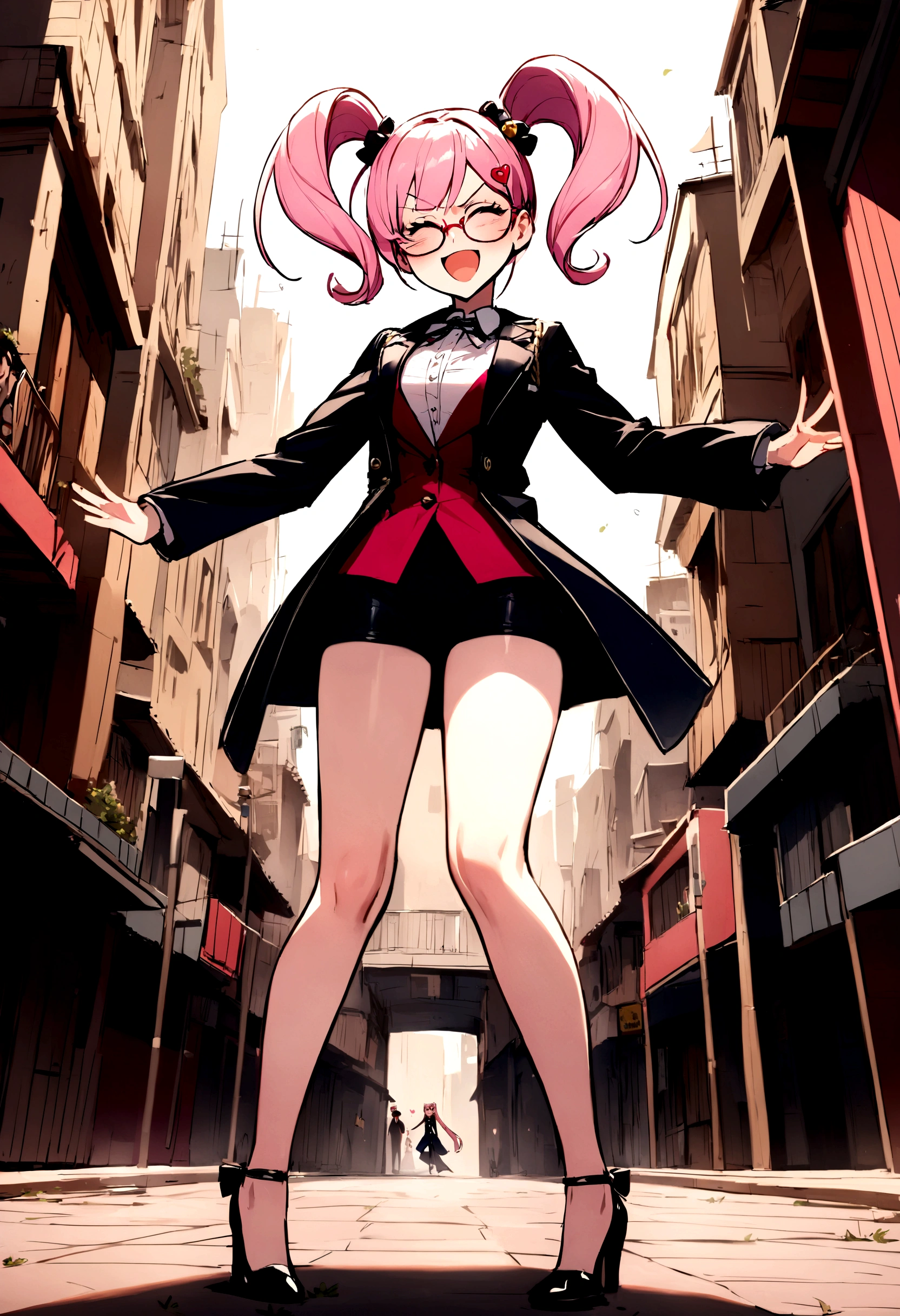 Pink hair girl with a long dark jacket with glasses and dark bell bottoms with heels and wearing a heart shaped hair clip and is happy and angry and a police officer is chasing her