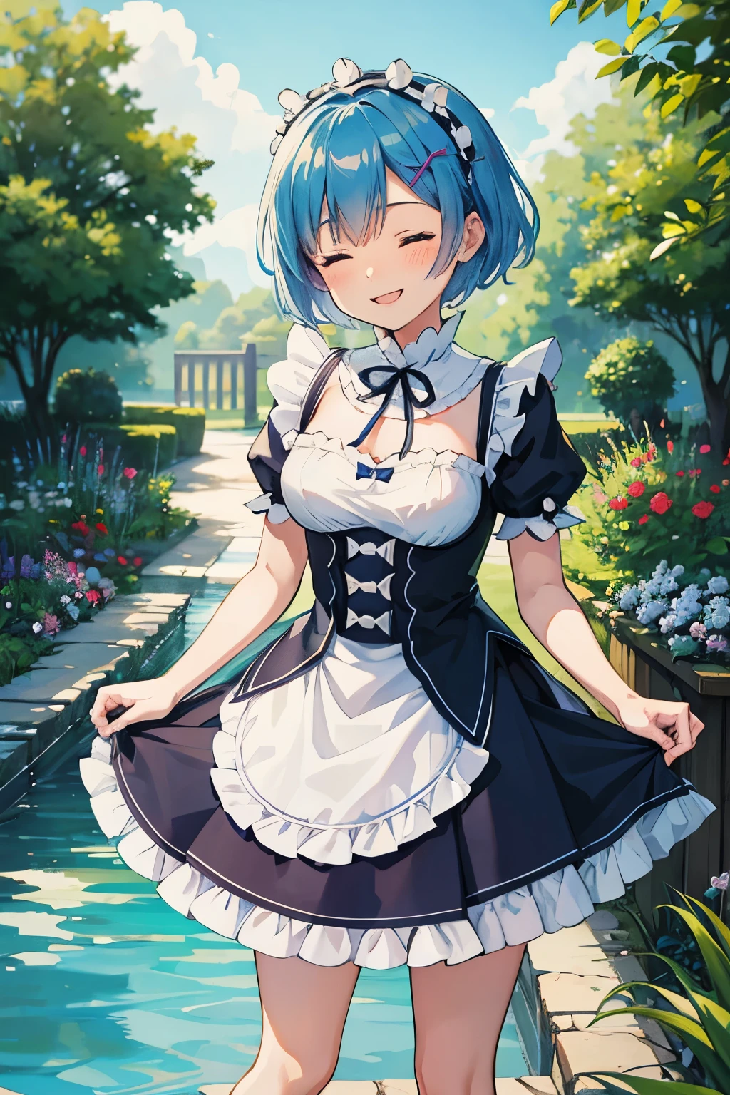 Kizi , in front of a garden, maid uniform, character Rem, hair light blue, Grinning ,with eyes closed, flowing hair, short hair swinging