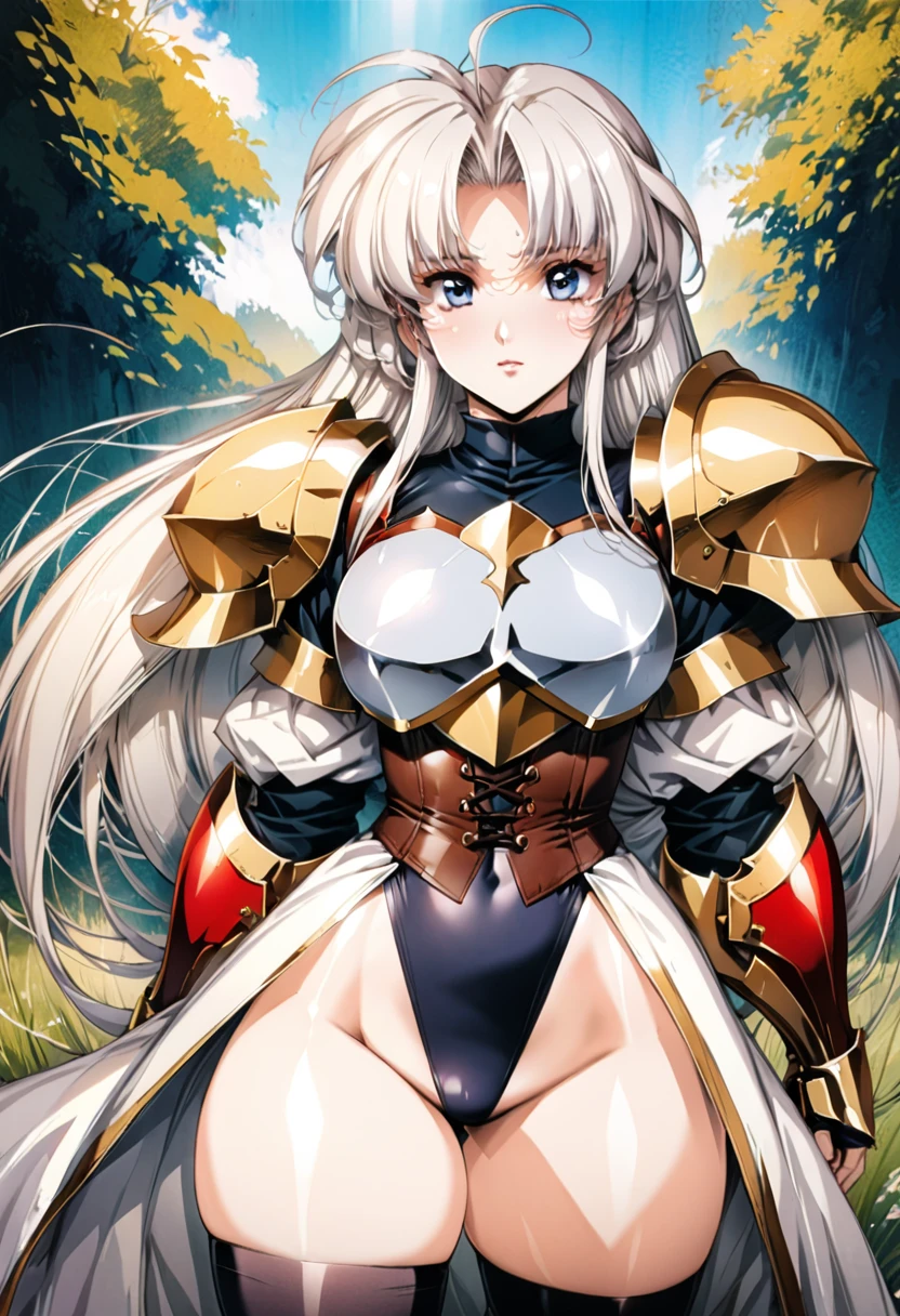 ((highest quality)), ((masterpiece)), ((hyperrealistic)), (detailed background), anime style, solo, 1girl, ((langrisser)), ((curvy: 1.2)), kawaii, ((leotard dress)), white long hair, ahoge, forehead, parted bangs, (long coat), ((large breasts)), ((breastplate)), (corset), (zettai ryouiki black knee socks), ((gauntlet)), (big butt), (thighs), (groin), beautiful eyes, perfect face, Perfect hands, perfect fingers, Blue sky and grassland,