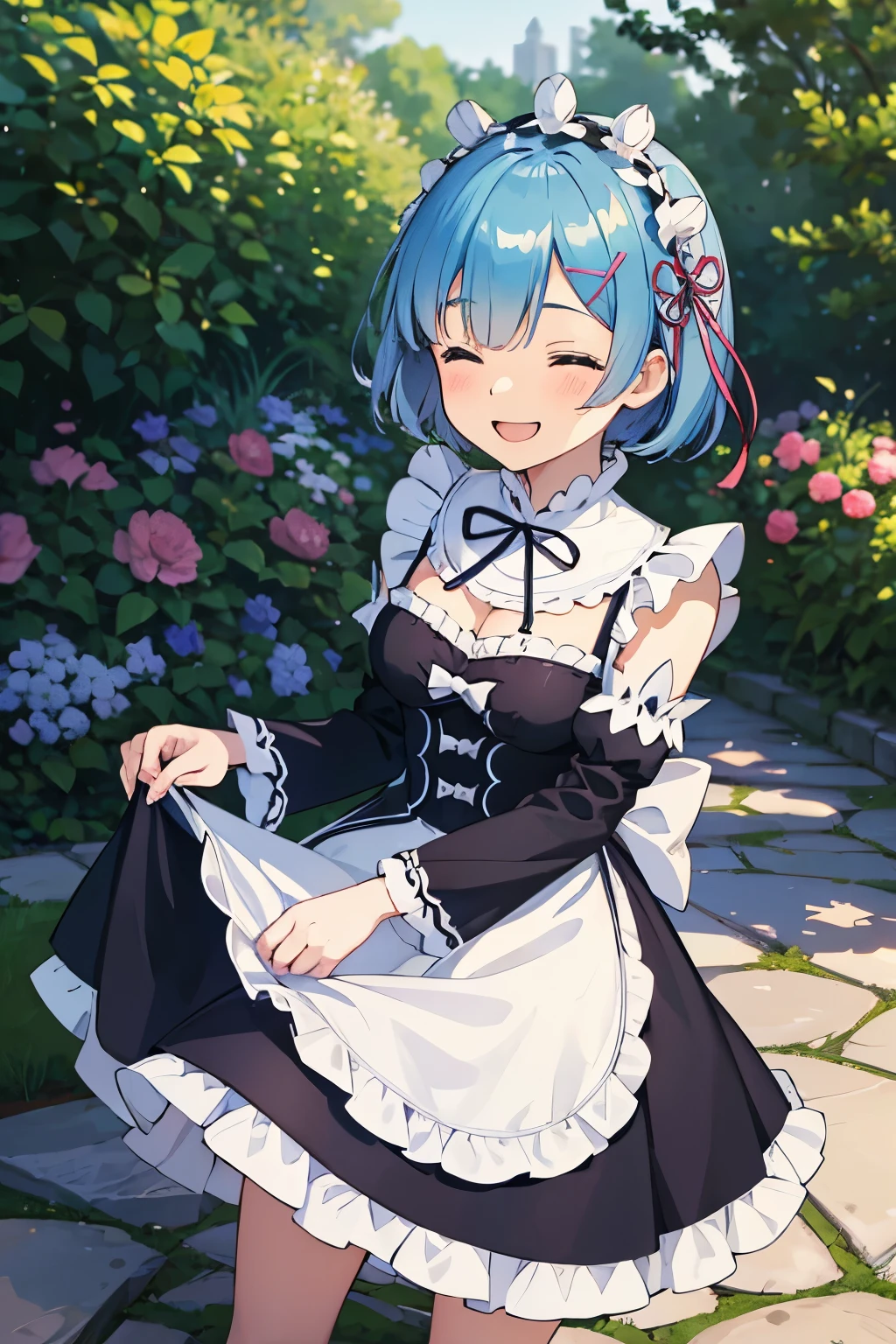 Kizi , in front of a garden, maid uniform, character Rem, hair light blue, Grinning ,with eyes closed, flowing hair, short hair swinging