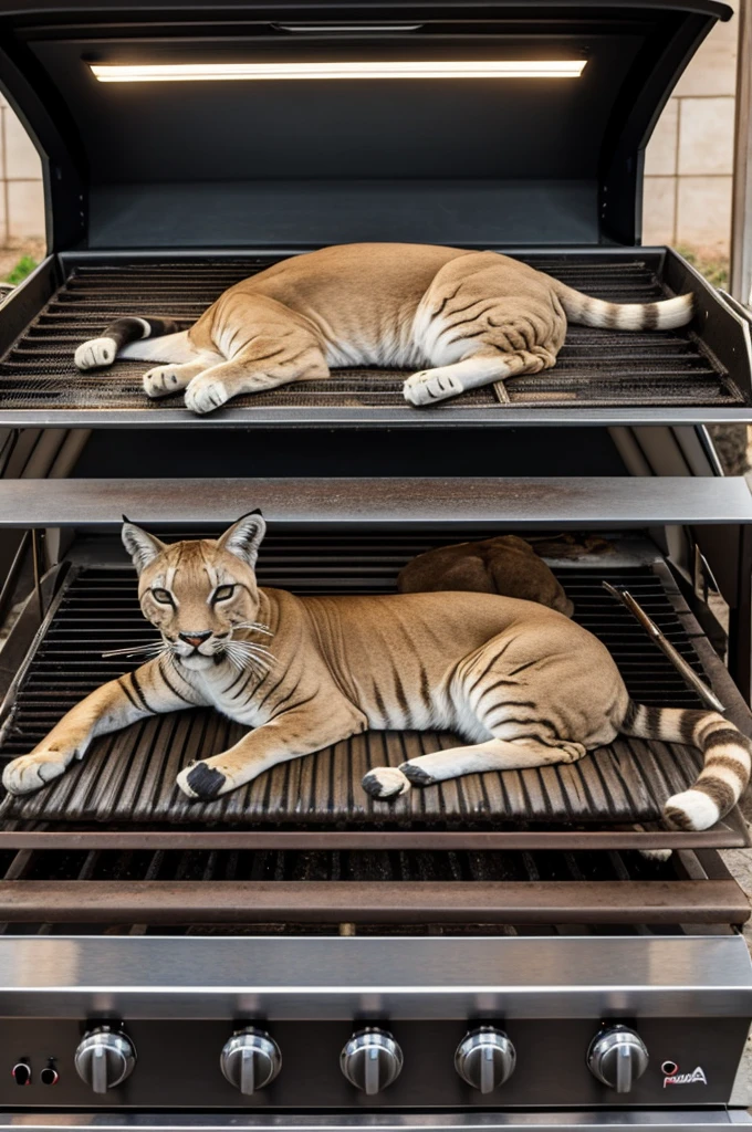A dead puma on a grill cooking