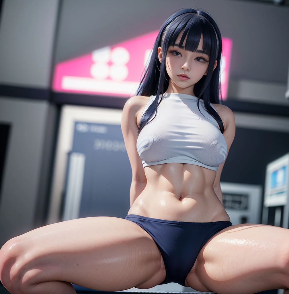 Highest quality,masterpiece,Ultra-high resolution, Very detailed, 8K,14 year old beautiful Japanese woman:1.5, Small face, blunt bangs, Breast Augmentation Surgery (White gym clothes for the upper body:1.5, There is a navy blue line), (The lower half of the body is a navy blue tight bloomer), squat