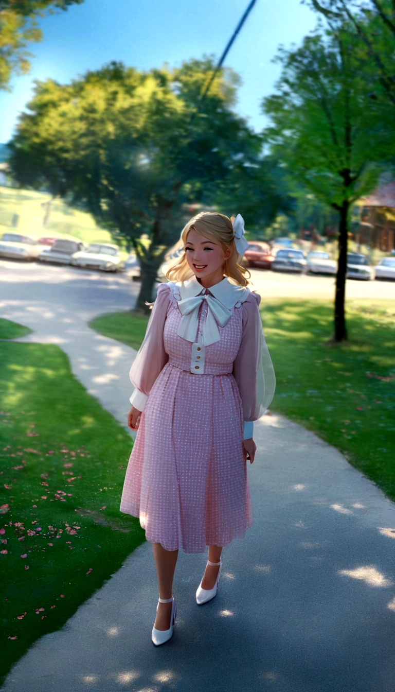 Pixar disney 3d movie cover, (a girl with blonde hair, wearing a pink dress with a white bow at the collar and high heels, the scene is walking in a forest full of cherry trees and there is a castle in the background. The one is smiling. (Disney pixar 3d) (highest quallity)