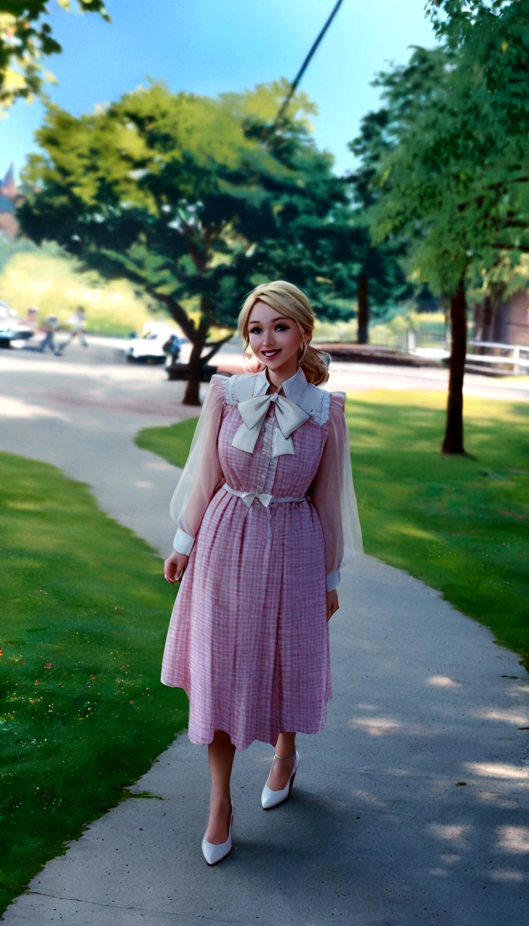 Pixar disney 3d movie cover, (a girl with blonde hair, wearing a pink dress with a white bow at the collar and high heels, the scene is walking in a forest full of cherry trees and there is a castle in the background. The one is smiling. (Disney pixar 3d) (highest quallity)