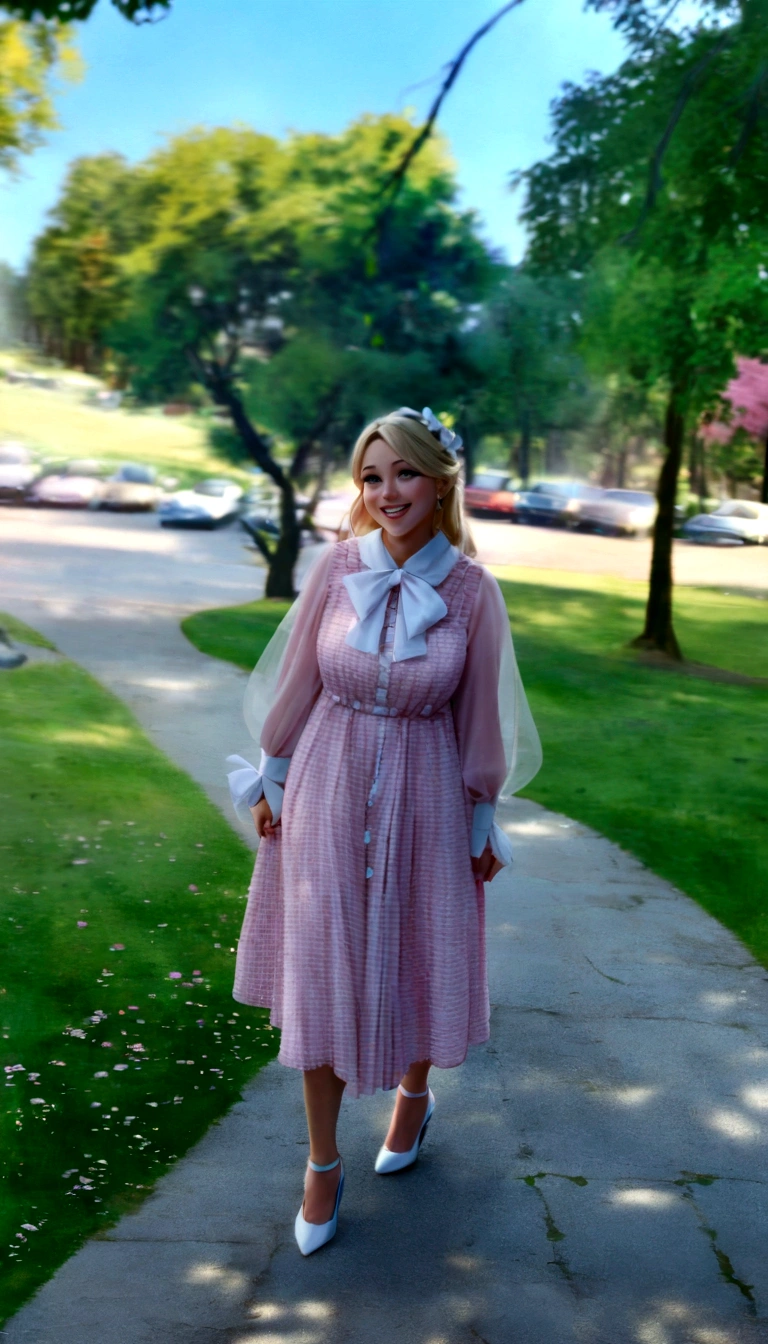 Pixar disney 3d movie cover, (a girl with blonde hair, wearing a pink dress with a white bow at the collar and high heels, the scene is walking in a forest full of cherry trees and there is a castle in the background. The one is smiling. (Disney pixar 3d) (highest quallity)