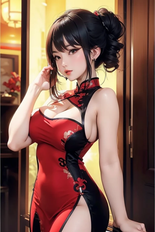 Cheongsam Beauty(((Full and soft breasts,)))(((Huge breasts))) (((Cleavage))) (Perfect curvy figure),