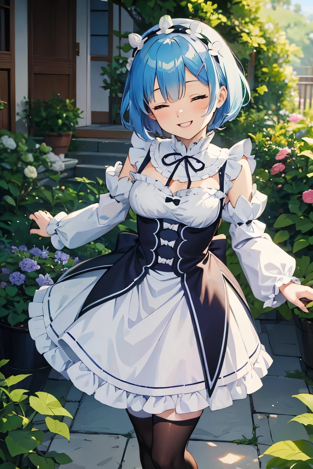 Kizi , in front of a garden, maid uniform, character Rem, hair light blue, Grinning ,with eyes closed, shorth hair