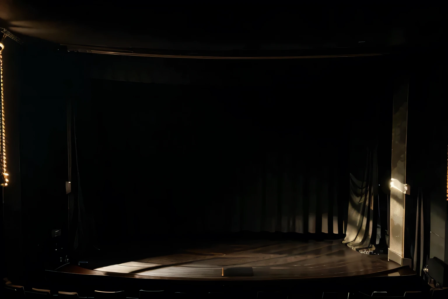dark theater with the curtain half open and a shadow that can be seen behind the curtain , a person in the middle of the stage 