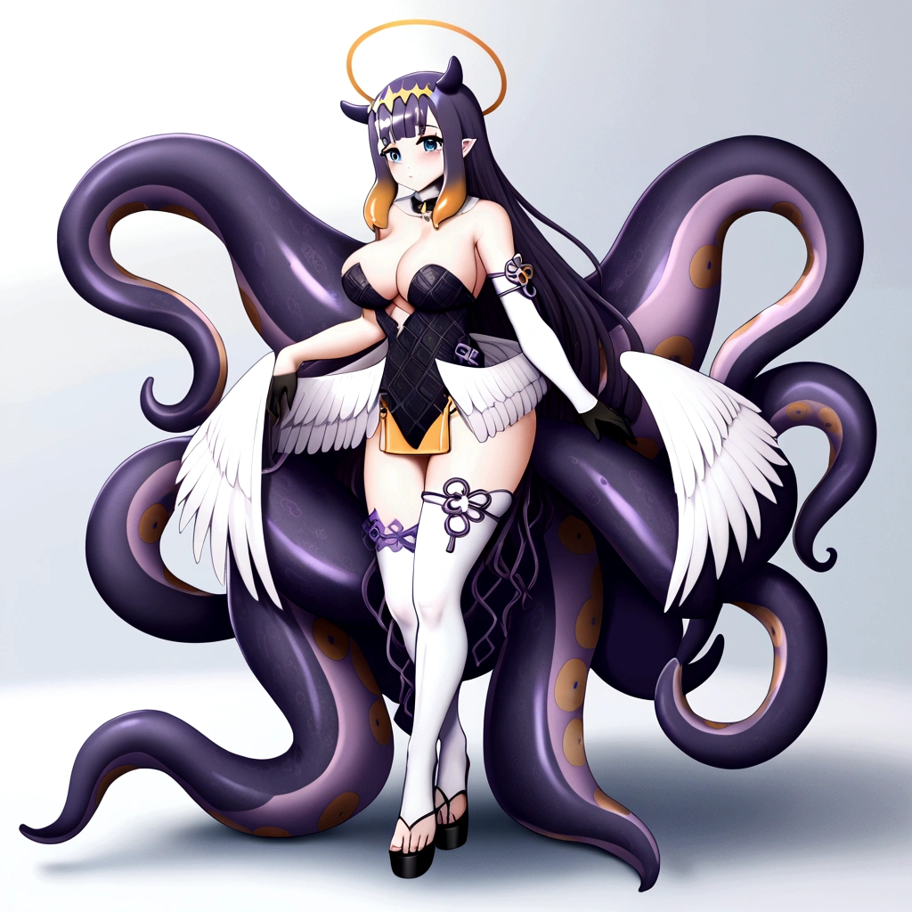 inapriestess, strapless dress, single thighhigh, single detached sleeve, black gloves, low wings, halo, detailed octopus tentacles, mole under eye, big breasts, 4 arms, full body.